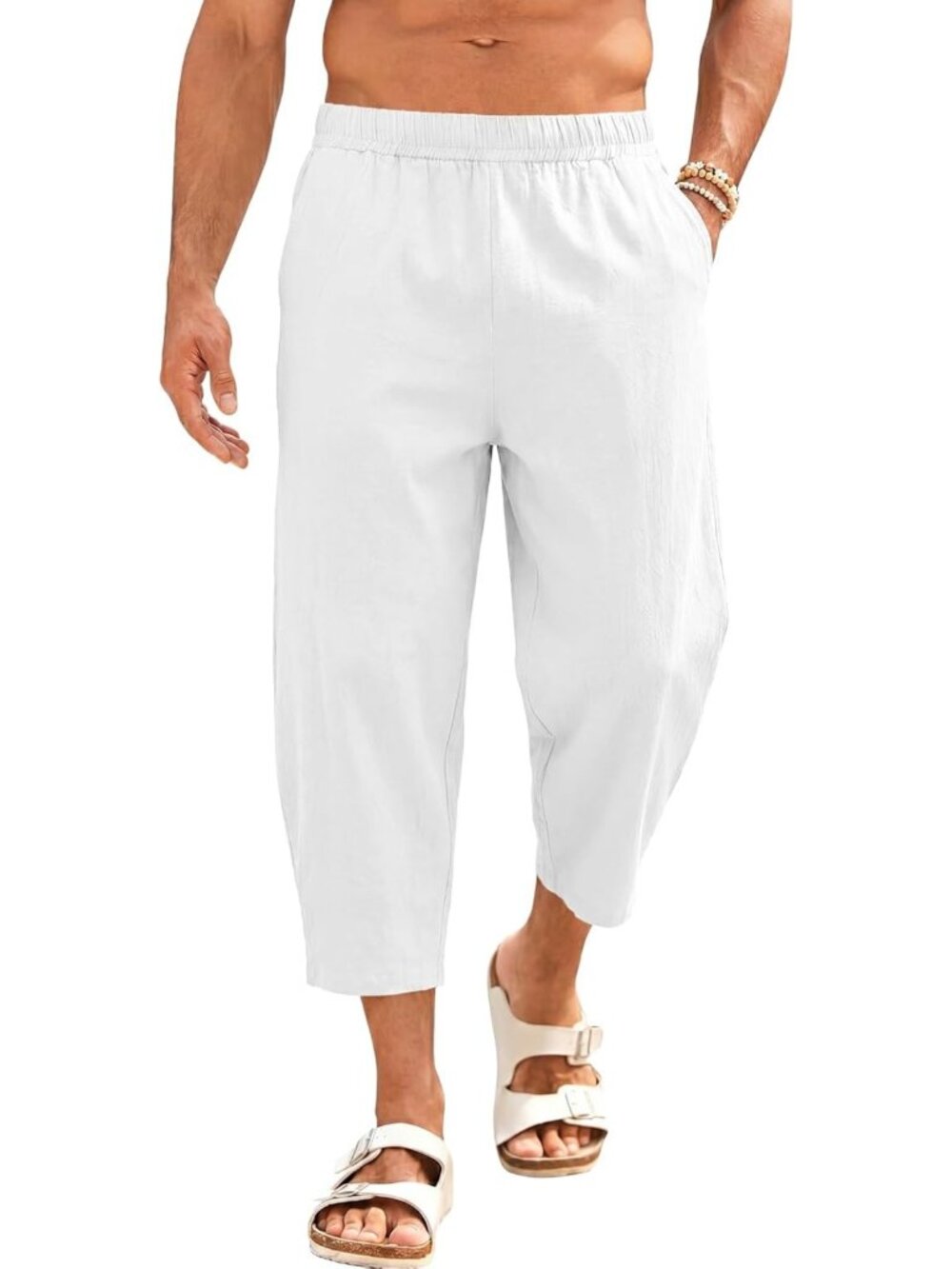 Men's Cotton Harem Capri Pants - Baggy Elastic Waist Beach Trousers, Casual